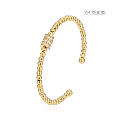 สุภาพสตรีแบรนด์หรูเปิดข้อมือกำไลข้อมือกระบอก Rhinestone 14k Gold Bead Bracelet